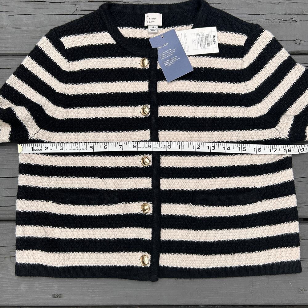 A New Day Lady Cardigan Small Black Cream Stripe Gold Buttons NWT Preppy - Picture 5 of 7